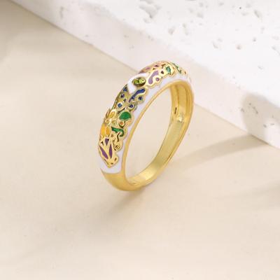 Huajie Elegante Bunte Emaille Blumenringe für Damen Mit Zirkonia eingelegt Goldene Paspel Bankett-Accessoires