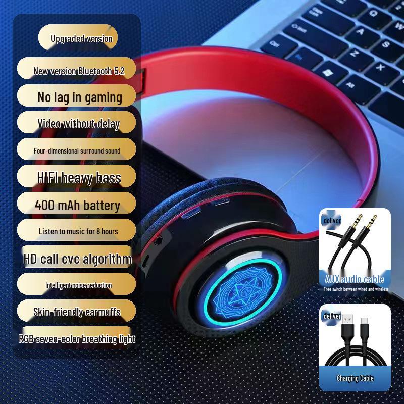 Kabellose Over-Ear Bluetooth-Kopfhörer mit Geräuschunterdrückung, leuchtendes Design für Männer und Frauen, ideal für Laufen und Laptop-Nutzung