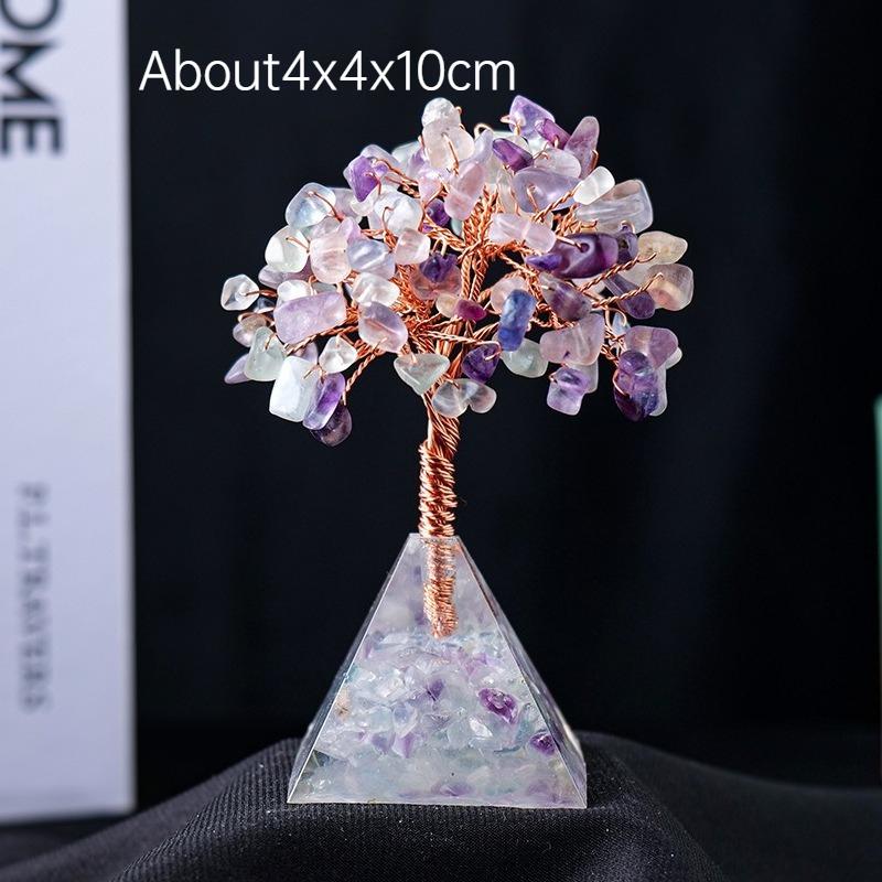 Natural Crystal Chip Money Tree Resin Pyramid Base Home Living Room Decor Ornament Desk Feng Shui Wealth Gift Idea Decoration