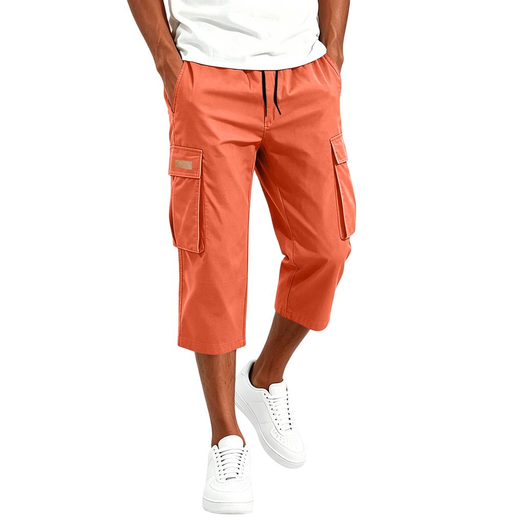 Men's Cargo Drawstring Pants Casual Multi Pocket Capri Work Trousers Lightweight Breathable Outdoor Utility Pants for Daily Wear