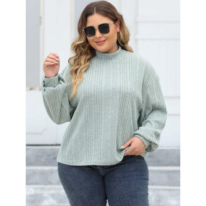 Damen Pullover Top Frühling und Herbst Neu Übergröße Damen Halbpullover T-Shirt Beflocktes Geripptes Basic-Shirt