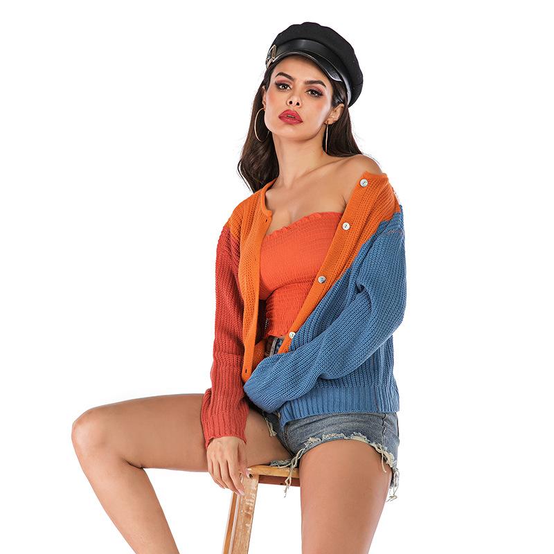 Casual Trend Versatile Autumn Color Clashing Round Neck Long Sleeve Loose Double-sided Knitted Sweater Jacket Women