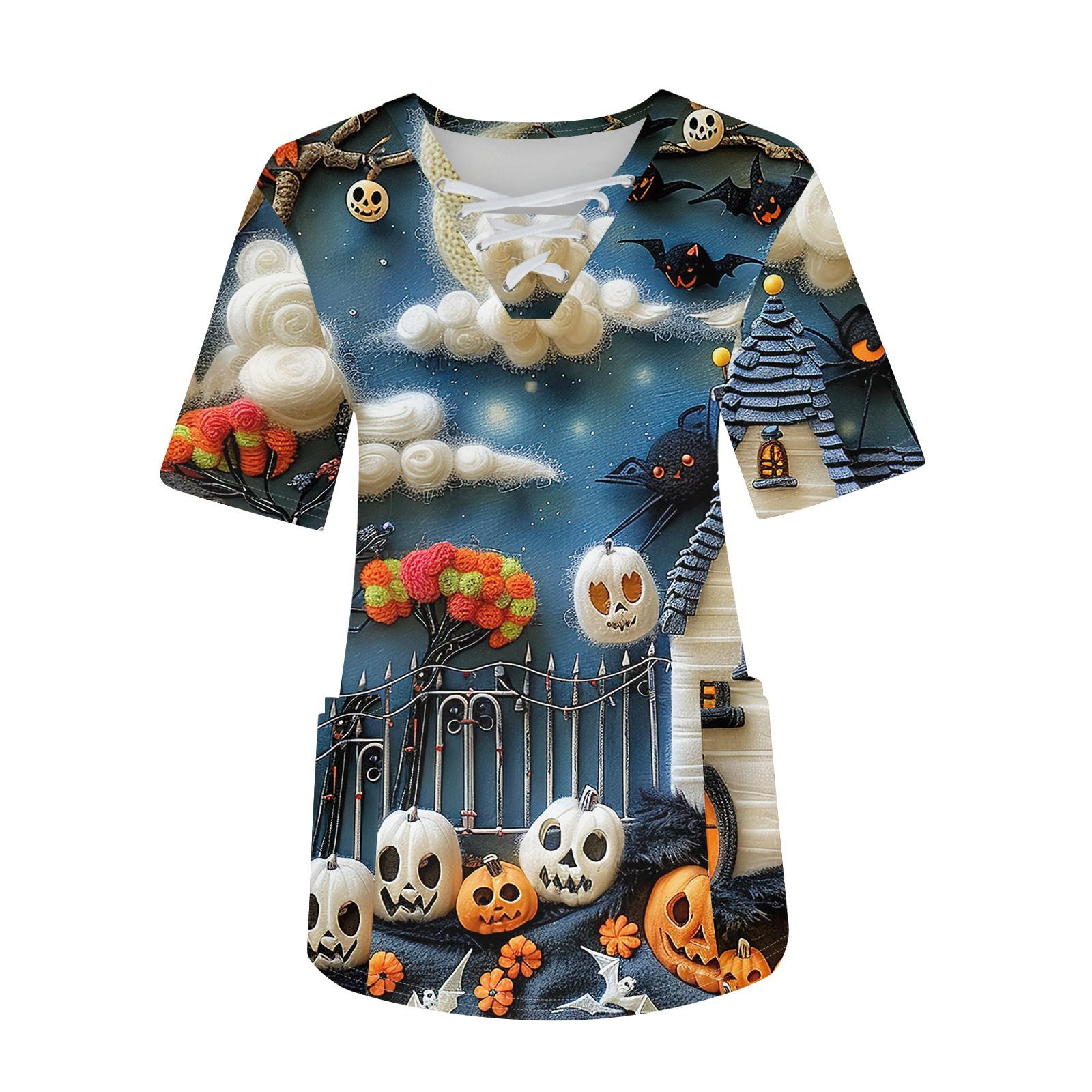 

Women s Fashion V-neck Short Sleeve Overalls Drawstring Pockets Halloween Printed Tops Dry-nurse Top XXXL синій