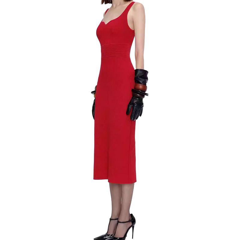 Karl Lagerfeld French Style Lightweight Luxury Slim Fit Knit Solid Color Sleeveless Dress Women dress Red M21L1343