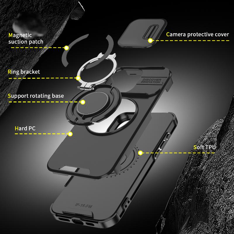 Luxury Heavy Duty Rugged Armor Magnetic Bracket Case For iPhone 16 15 14 13 12 11 Pro Max Plus Slide Camera Protection PC Cover