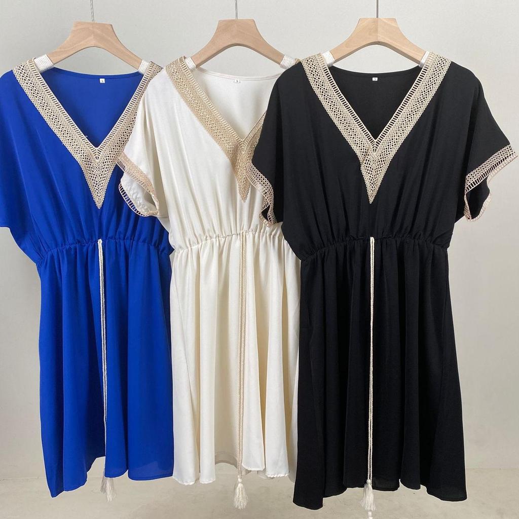 New Women's Solid Color Short Sleeve V-Neck Mini Dress, Lace Trim Tie Waist A-Line Summer Casual Dress with Belt