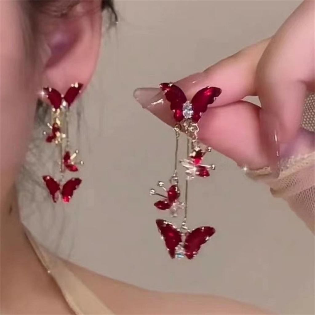 Elegant Red Zircon Butterfly Drop Earrings For Women Temperament Lovely Imitation Pearl Animal Tassel Earring Fashion Jewelry