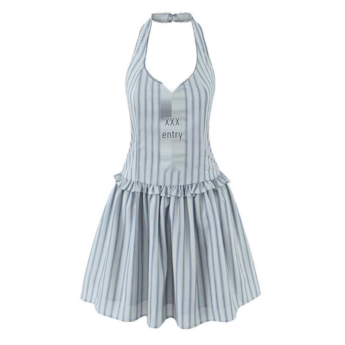2026 Summer Women s Casual Striped Bowknot Halter Dress Medium