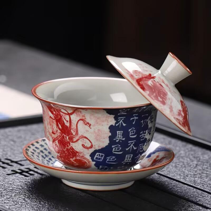 Blue And White Hovering Sancai Cover Bowl Teacup Antique Dunhuang Kung Fu Tea Set Single High-End Tea Bowl With Lid Ceramic Household