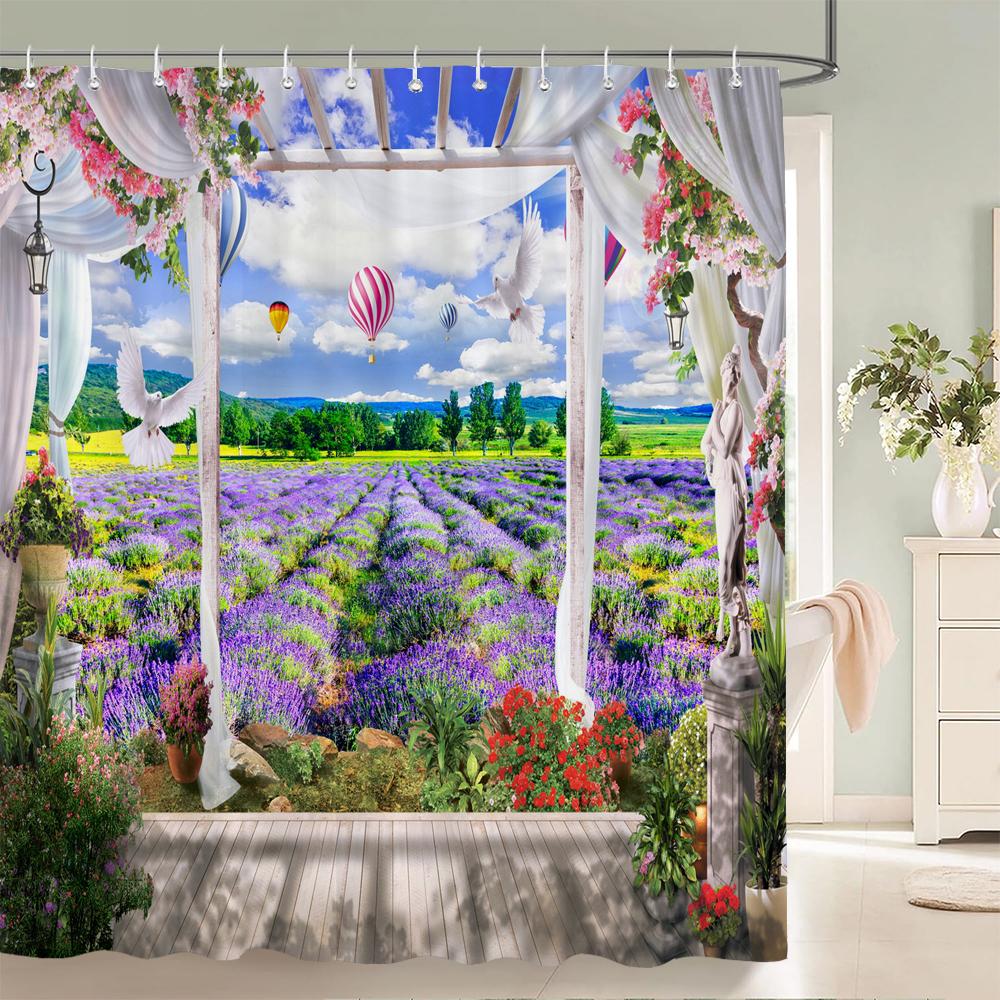 3D Prachtige Plattelandstuin Bloemen Vogels Landschap Print Douchegordijn Polyester Waterdichte Gordijnen Badkamer Afscheidingsscherm