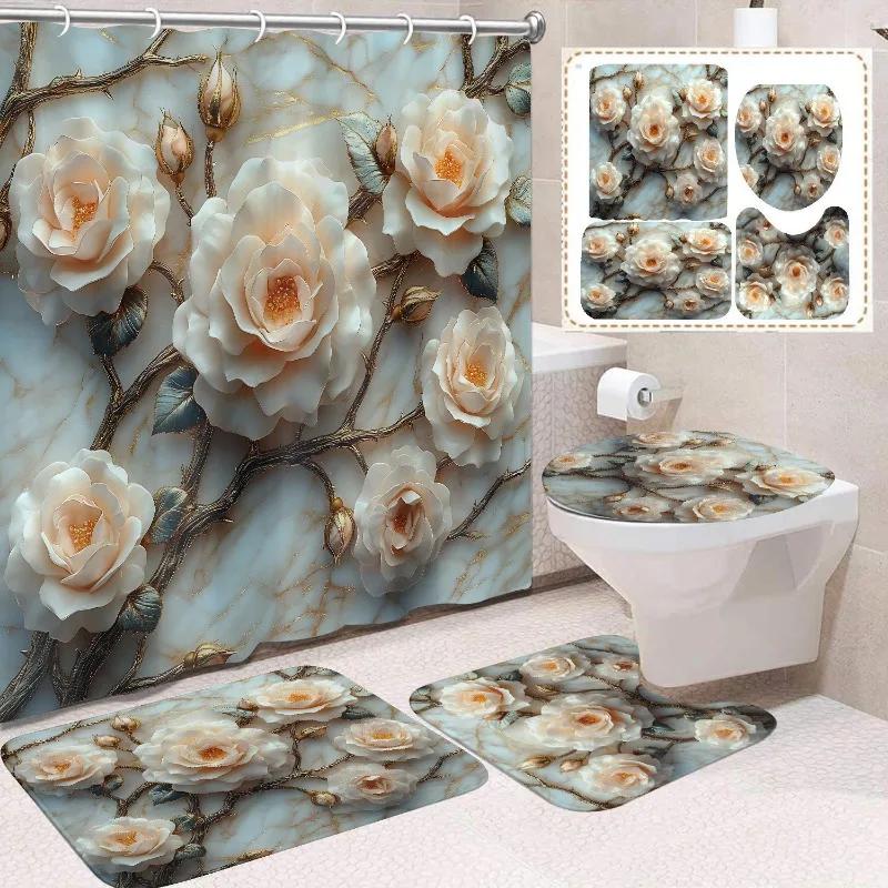 1/4 Stuks Waterdicht en schimmelbestendig Douchegordijn Luxe met Haak Douchegordijn met antislip mat U-vormige mat toiletdekselhoes