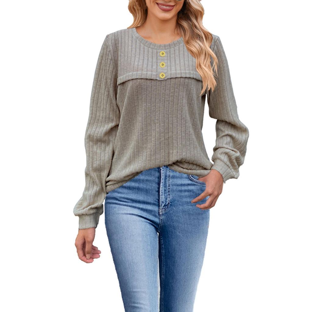 Damenmode Locker Rundhals Knopf Langarm T-Shirt Lässiges Strickoberteil