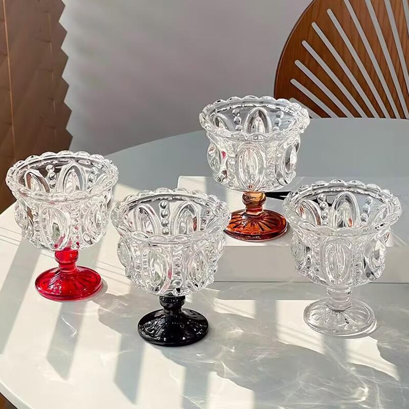 1PC Color Blocking Ice Cream Bowl Dessert Cup Palace Style Highball Glass Gift Tableware Vintage Embossed Design Elegant 200ml