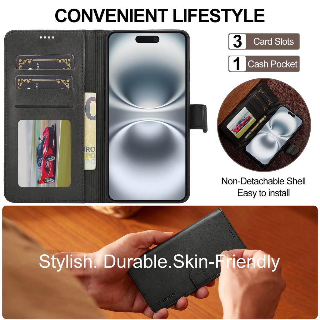 LC.IMEEKE For iPhone 17 Case Calf Texture PU Leather Stand Wallet Phone Cover
