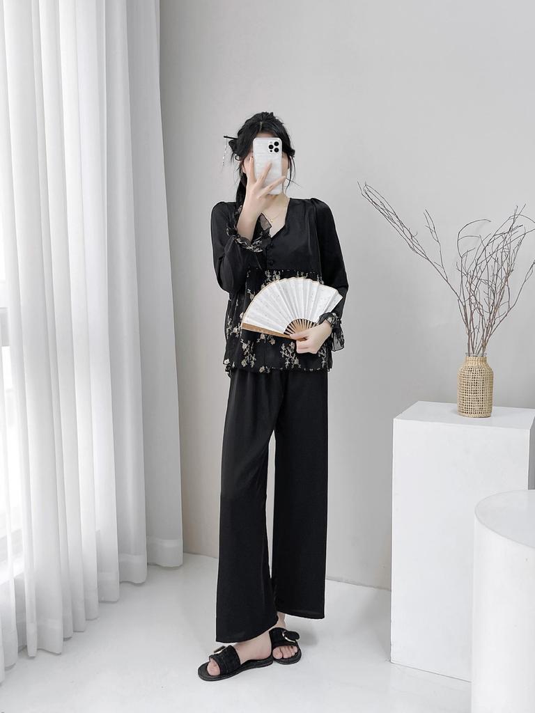 2025 Damen Spitzen Eisseiden Pyjama Dreiteiliges Set - Prinzessinnenstil Langarm & Hose für Zuhause oder Outdoor