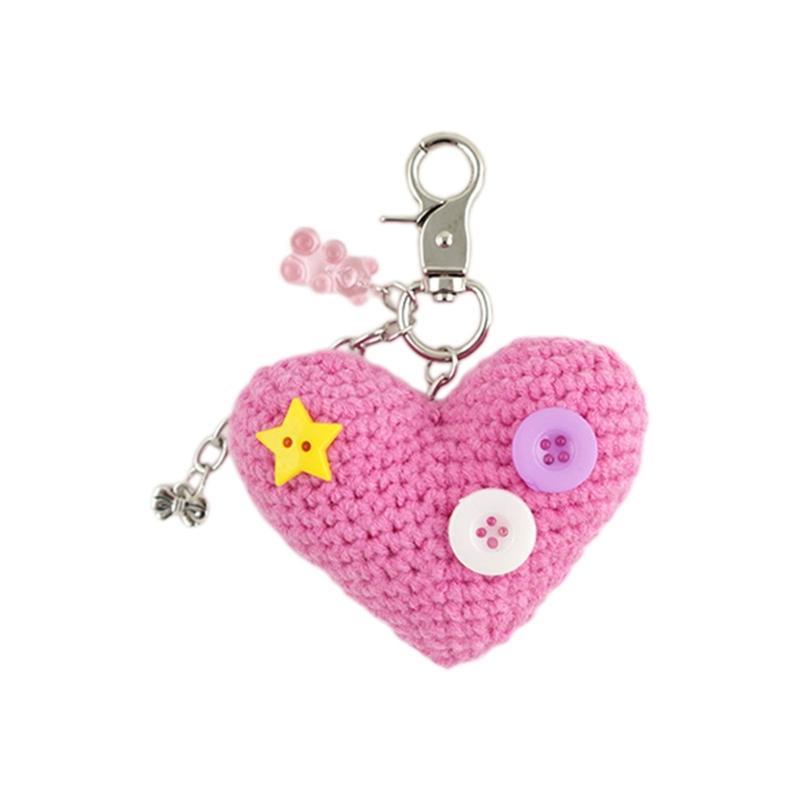 Handwoven Heart Pendant Keychain with Button Bowknot Cute Bear Keyring Handmade Women Jewelry Bag Backpack Accessories