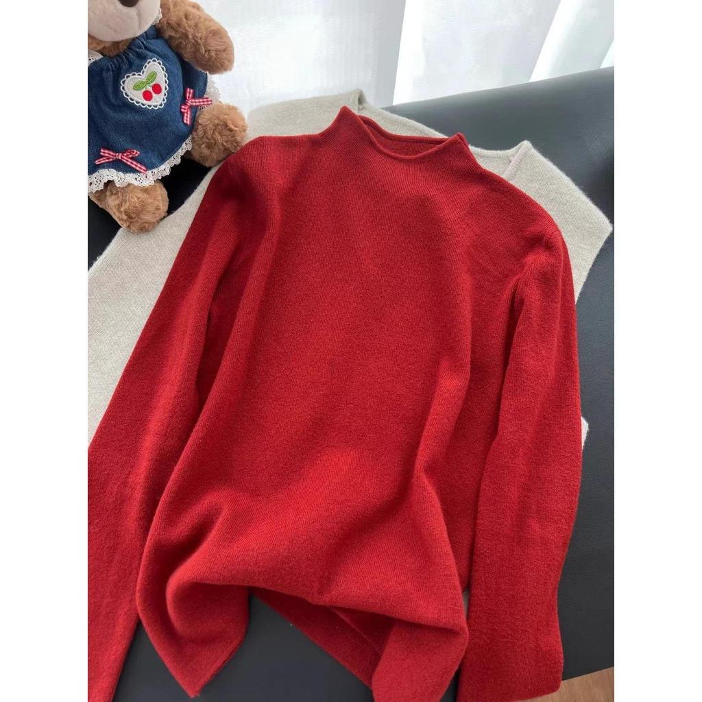Women's Red Korean Style Sweater: Versatile Stand Collar Knit for Christmas and New Year