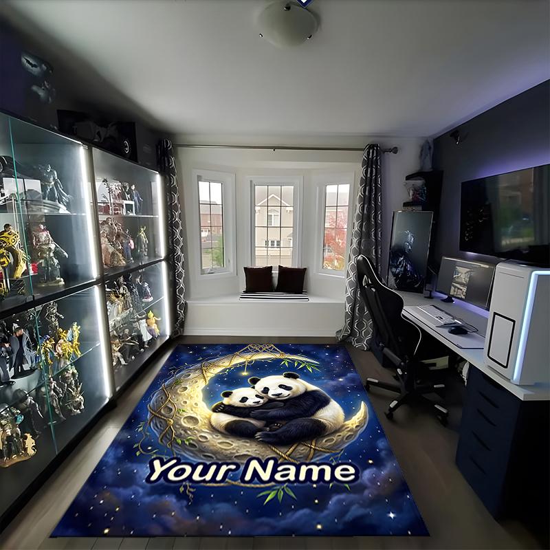 1PC Custom Name Panda Moon Night Love Theme Floor Mat Ideal for Living Room, Game Rooms, Office, Bedroom,Floor Mat Playful Design