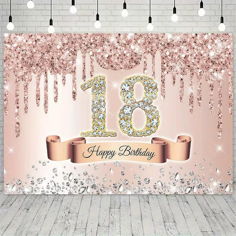 2D Flat Rose Gold Glitter & Diamond 18th Birthday Photo Booth Background