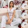 Women's Heart Print Ribbed Pajama Set Ruffle V Neck Bow Short Sleeve Crop Top & Flare Long Pants Loungewear