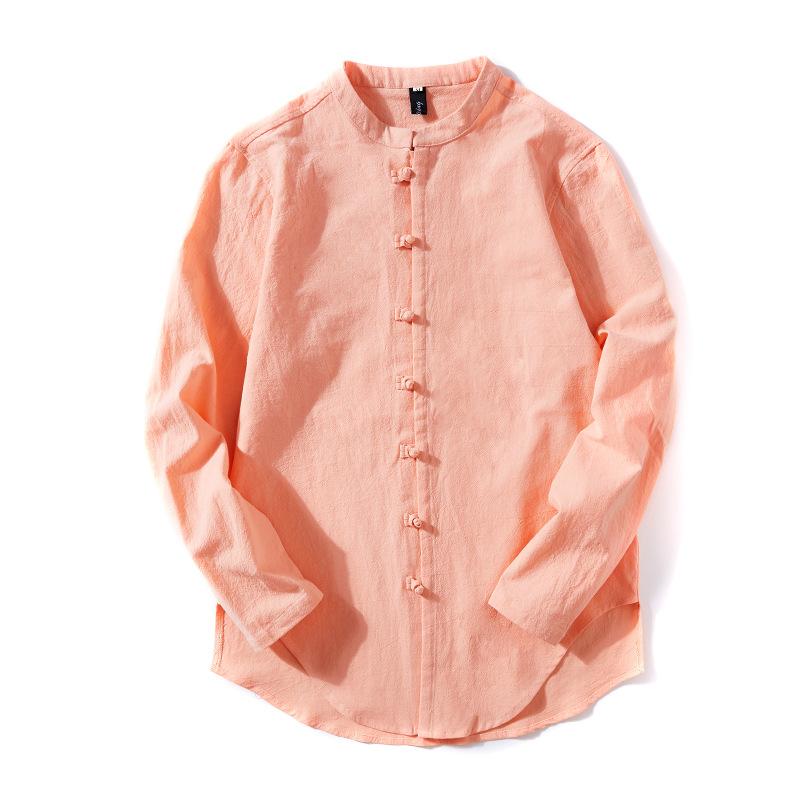 Jarní lněné košile Muži Čínský styl Retro košile s dlouhým rukávem a zapínáním na knoflíky Jednobarevné Stojací límečky Volné Topy velkých velikostí