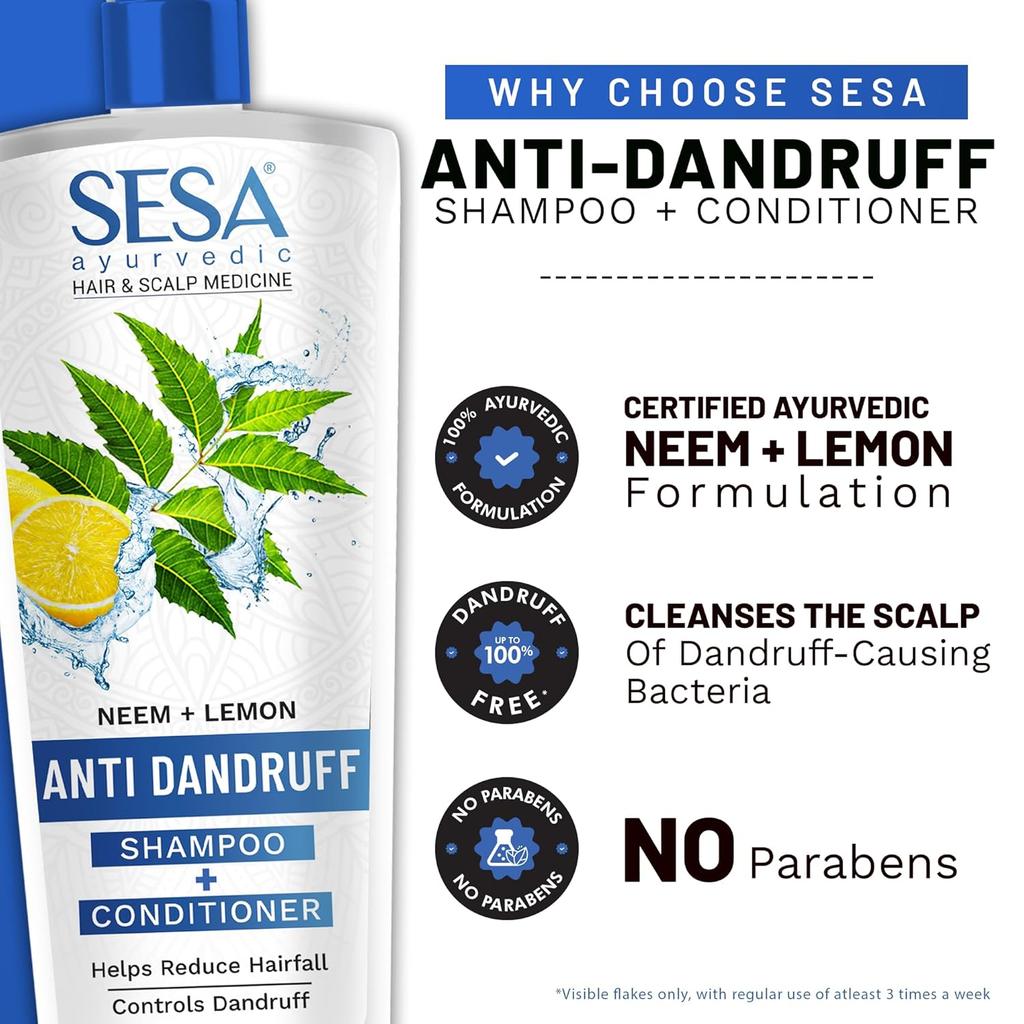 SESA Ayurvedisches Anti-Schuppen-Shampoo zur Kontrolle von Haarausfall, zur Linderung juckender Kopfhaut, für weiches, geschmeidiges Haar, 2-in-1 Reinigungsmittel, 500 ml