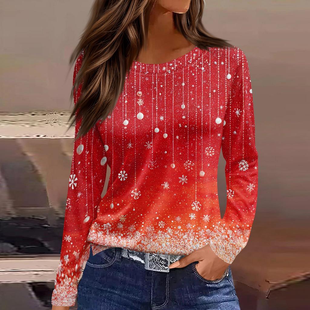 Women's Fashion Casual Slit Hem Round Neck Long Sleeve Loose Printed T-Shirt Ladies Top Christmas