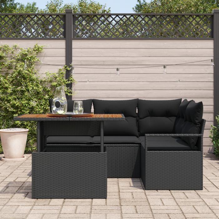 Ensemble de canapé de jardin 5 pièces vidaXL avec coussins Noir Poly Rotin Acacia, Canapé de jardin 2 places vidaXL349708