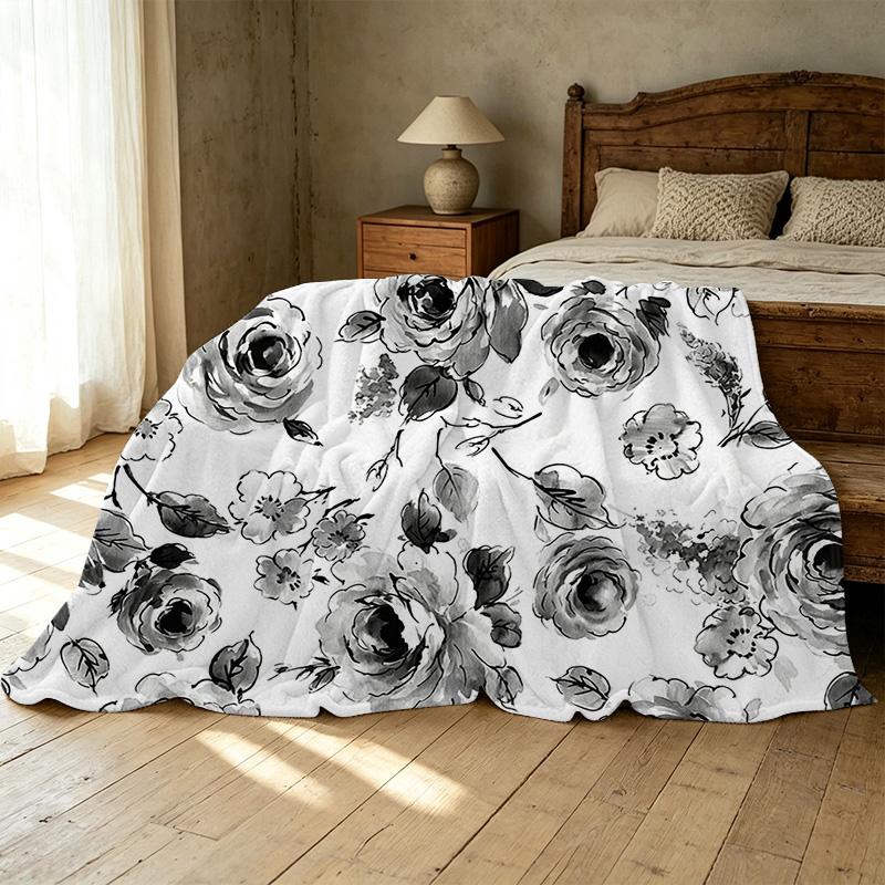 Soft Thick Flannel Blanket with Elegant Ink-Wash Floral Pattern, Warm Cozy for Home Bedroom Guest Room, Single Size, Ideal for Halloween & Christmas