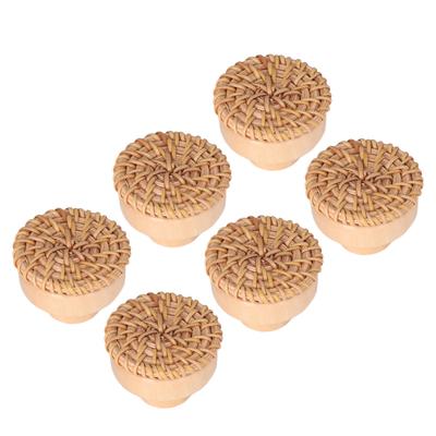 6pcs Round Drawer Knobs Wood Rattan Woven Handmade Drawer Pulls Door Knobs for Kitchen Bedroom Furniture