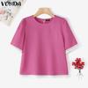 VONDA Summer Elegant Women Short Sleeve Lace Hem Texture Casual Short T-shirts