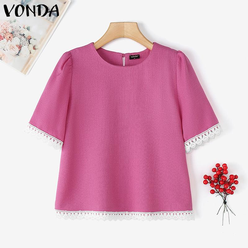 VONDA Summer Elegant Women Short Sleeve Lace Hem Texture Casual Short T-shirts