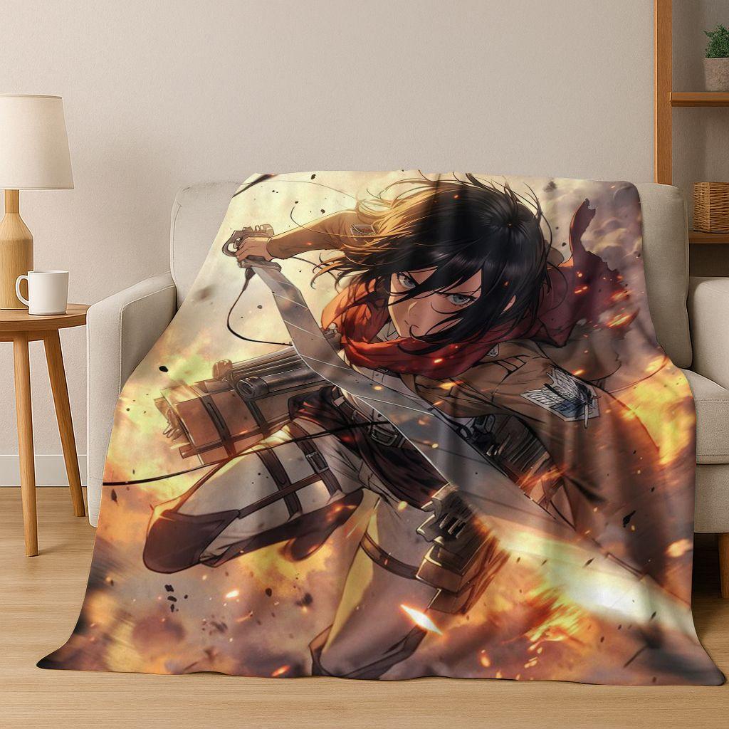 2026 New Anime Attack on Titan Eren Mikasa Cartoon Flannel Blanket,Cozy Soft Throw Blanket for Home Bedroom Bed Sofa Cover Kids