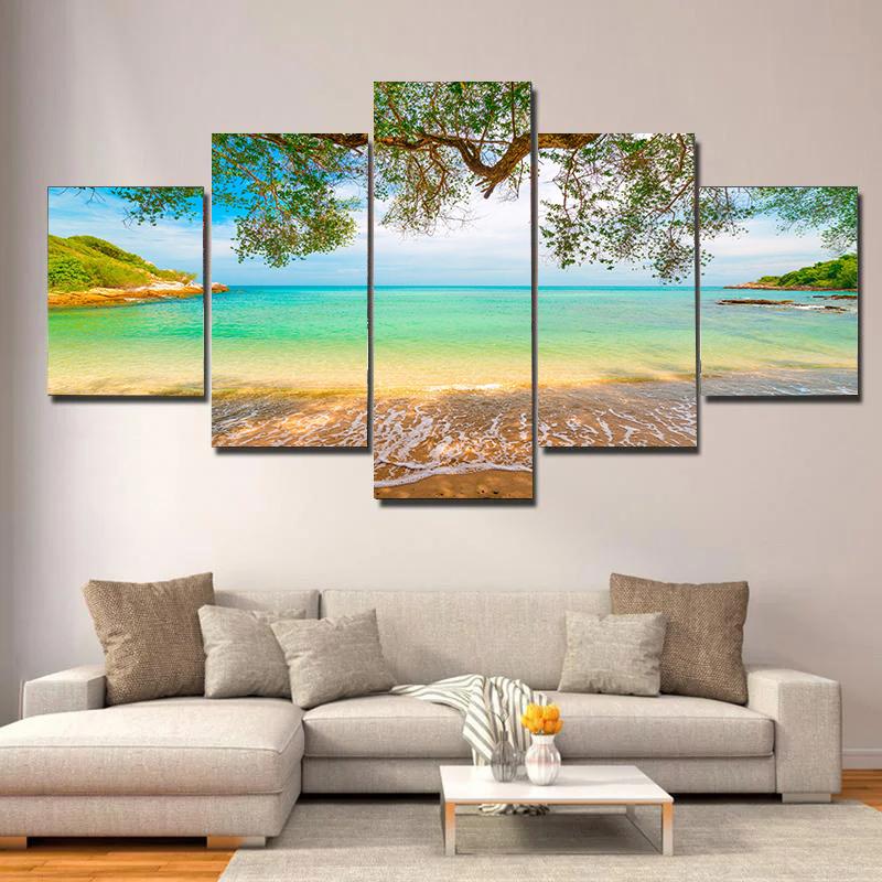 5 pieces Seaside Landscape Canvas Painting, Sunrise, Sunset, Coconut Trees and Ocean Waves, For Home Room Hotel Decor, No Frame