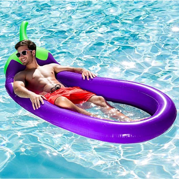 Inflatable Eggplant Float Raft with Net Lounger - Large Mesh Swimming Ring Inflated: 190x95x20cm