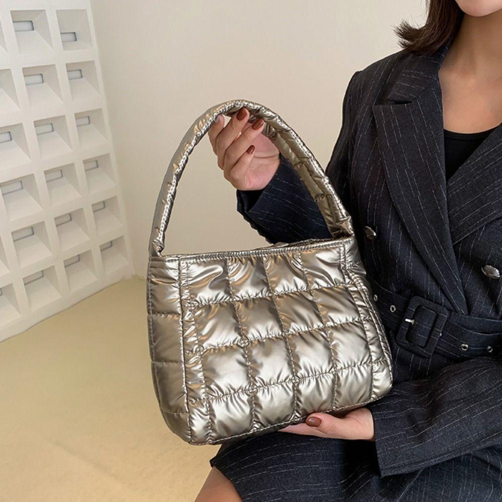 Vyšívaná prošívaná bavlněná taška tote na dojíždění, nadýchaná taška, volnočasová bavlnou vycpaná kabelka, zima