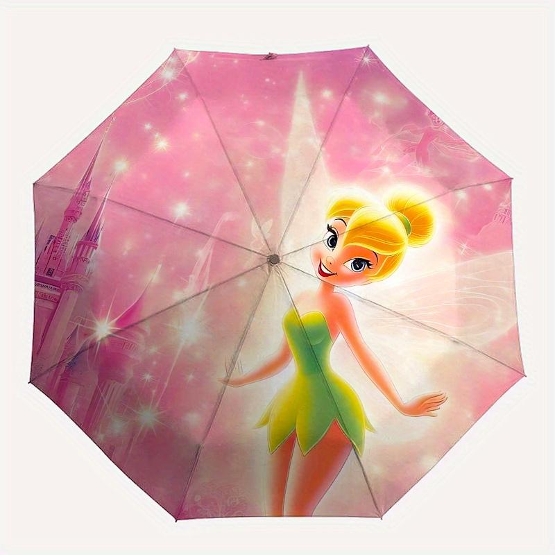 Disney Tinkerbell, Tinker Bell Automatic Open/Close Fashion Umbrella - Cute Umbrella with Cute Design, Portable 3-Fold Compact Umbrella for