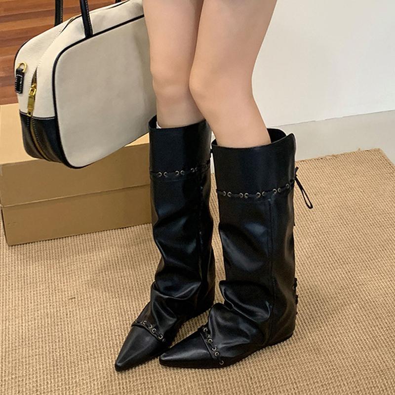 Fashion Liyke Fashion Design Drawstring Lace Up Knee High Boots Women Vintage Pointed Toe Inside Height Increasing Long Shoe Botas Mujer