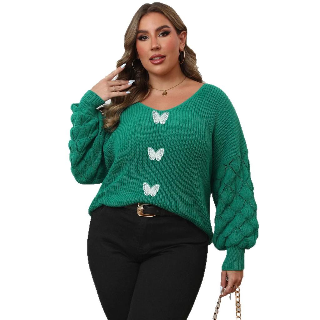 Plus Size V-Neck Knit Sweater with Pineapple and Lace Butterfly Sleeves