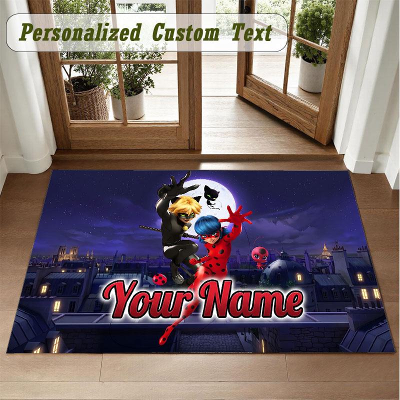 Crystal Velvet Square Rug Custom NameMiraculous Ladybug Pattern Non Slip Home Floor Decor Rug