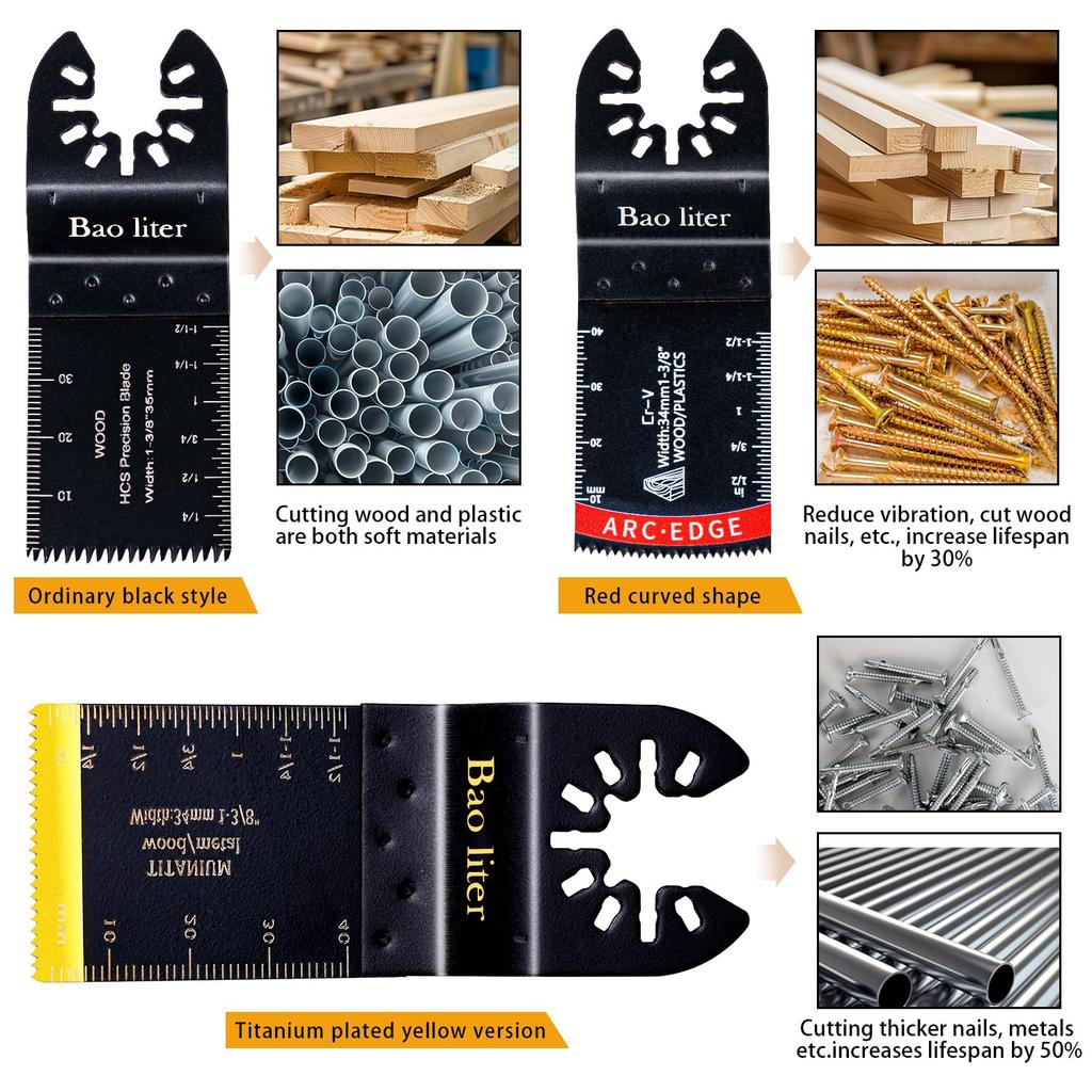 30PCS Oscillating Saw Blades, Universal Titanium Multitool Blades for Wood Plastics Metal, Quick Release Multi Tool Kits Fit Bosch Ryobi Milwaukee