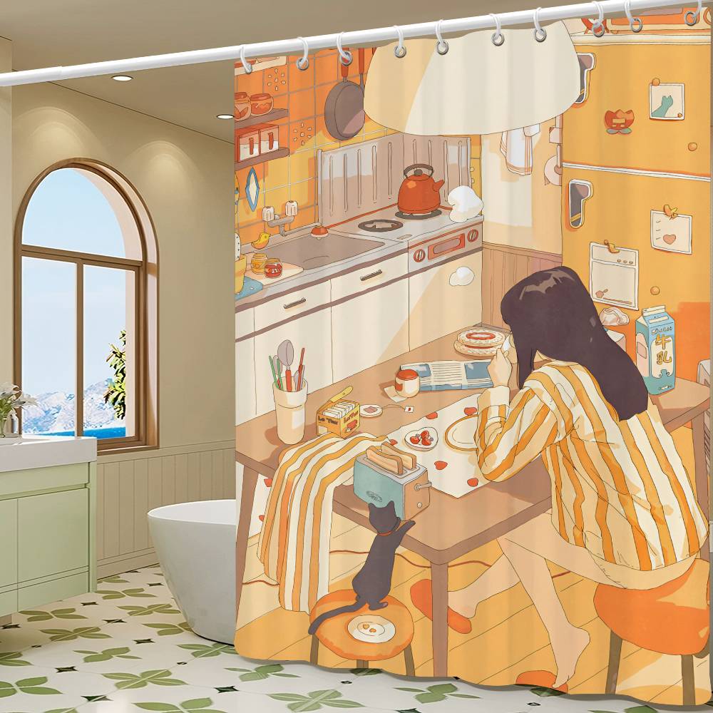 Söta Duschdraperier för Kökstjejer 180cm Polyester Modern Stil Badrumsgardin Med Krokar Vattentätt Roligt Duschdraperi