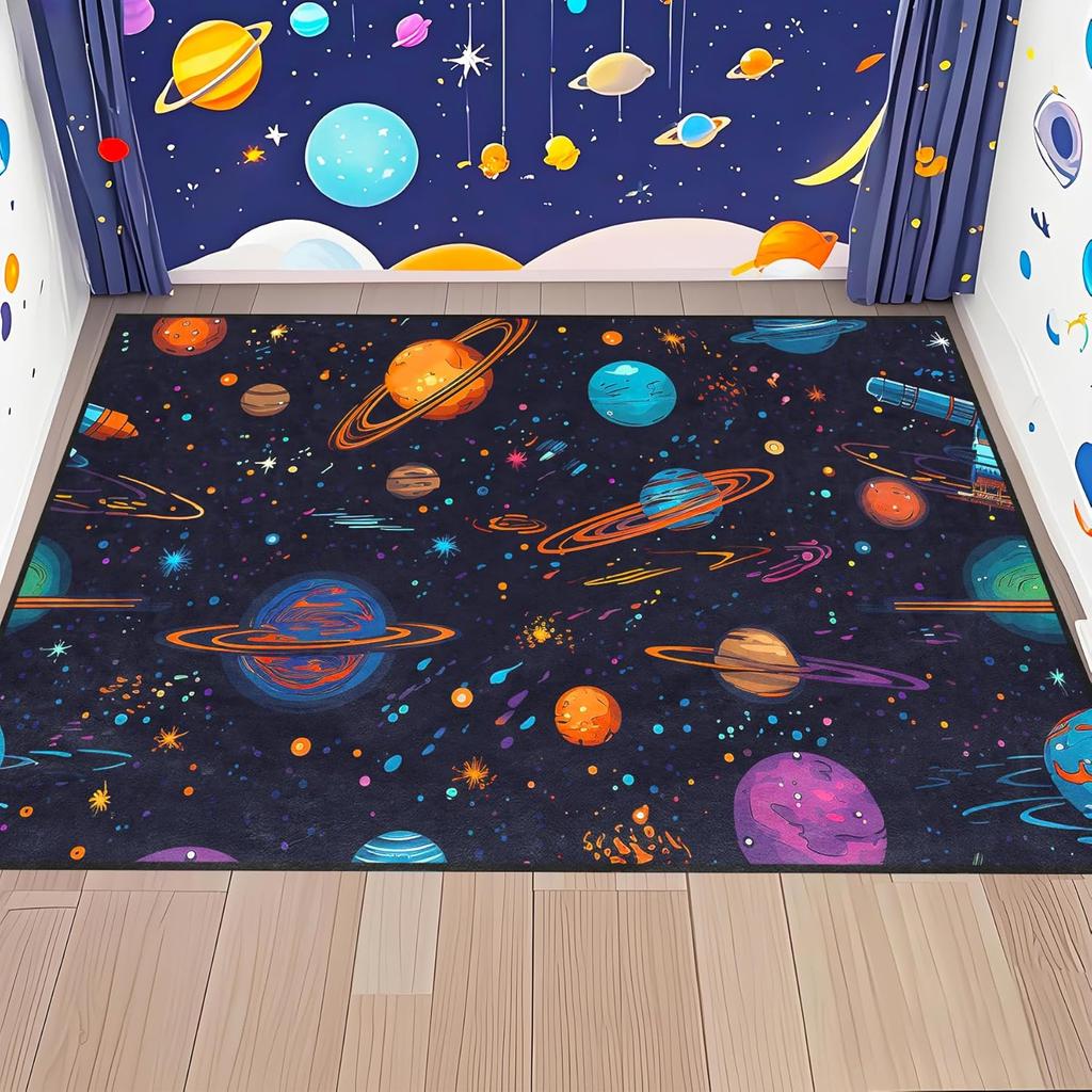 Outer Space Galaxy Rug for Kids Bedroom, Solar System Play Carpet, Universe Theme Non-Slip Floor Mat for Boys and Girls