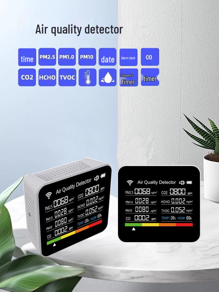 2Co10 14-in-1 Smart Air Detector with App & WiFi - Monitors CO2, CO, PM2.5, Formaldehyde, TVOC