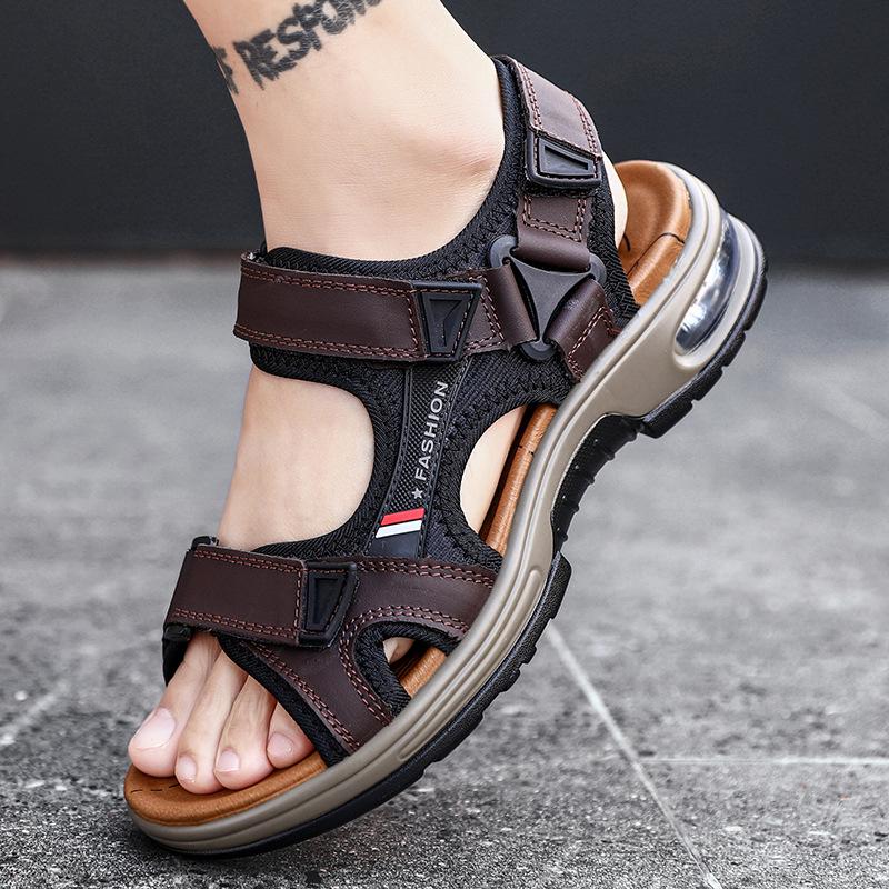 Men's Casual Genuine Leather Open-Toe Beach Sandals with Air Cushion - Lightweight and Plus Size for Outdoor Activities.