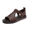 Johnature Retro Genuine Leather Peep Toe Flat Sandals Versatile Casual Soft Soled Beach Shoes