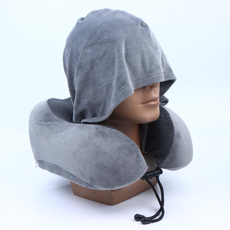 Memory Foam Travel Neck Pillow Soft Hooded Design Adjustable Strap Washable Cover for Flight Camping Nap