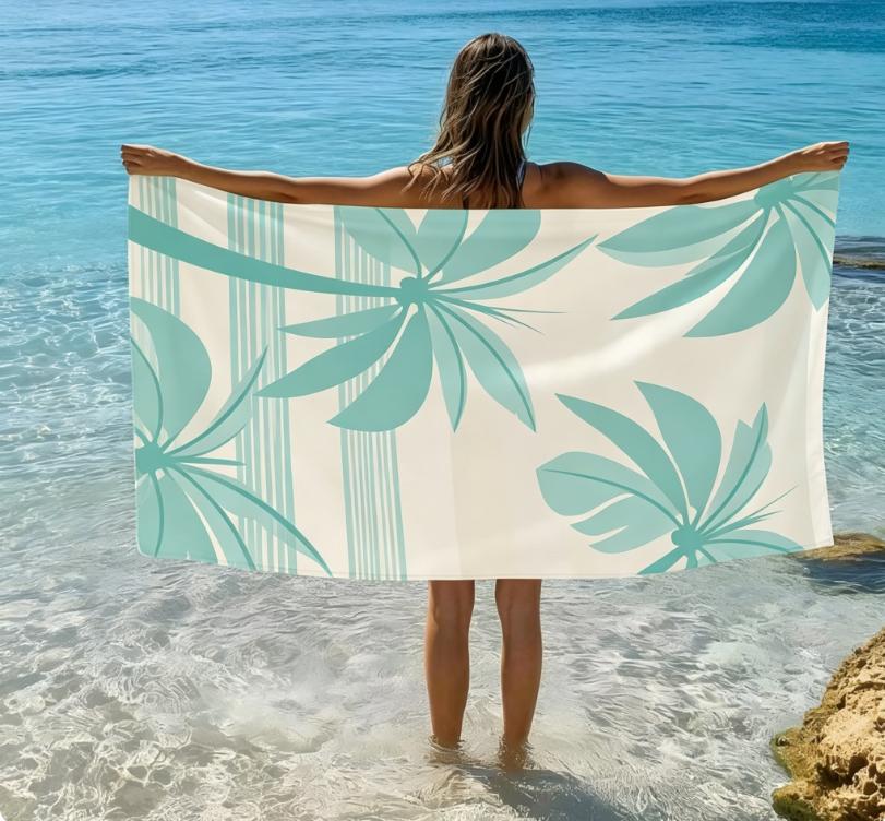 Turquoise Palm Tree Striped Beach Towel, Microfiber Sand Free Quick Dry Tropical Summer Print Soft Absorbent for Vacation & Pool