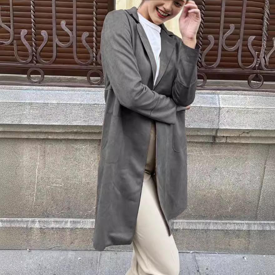 Dámský podzimní/zimní semišový kabát s límcem, ležérní větrovka