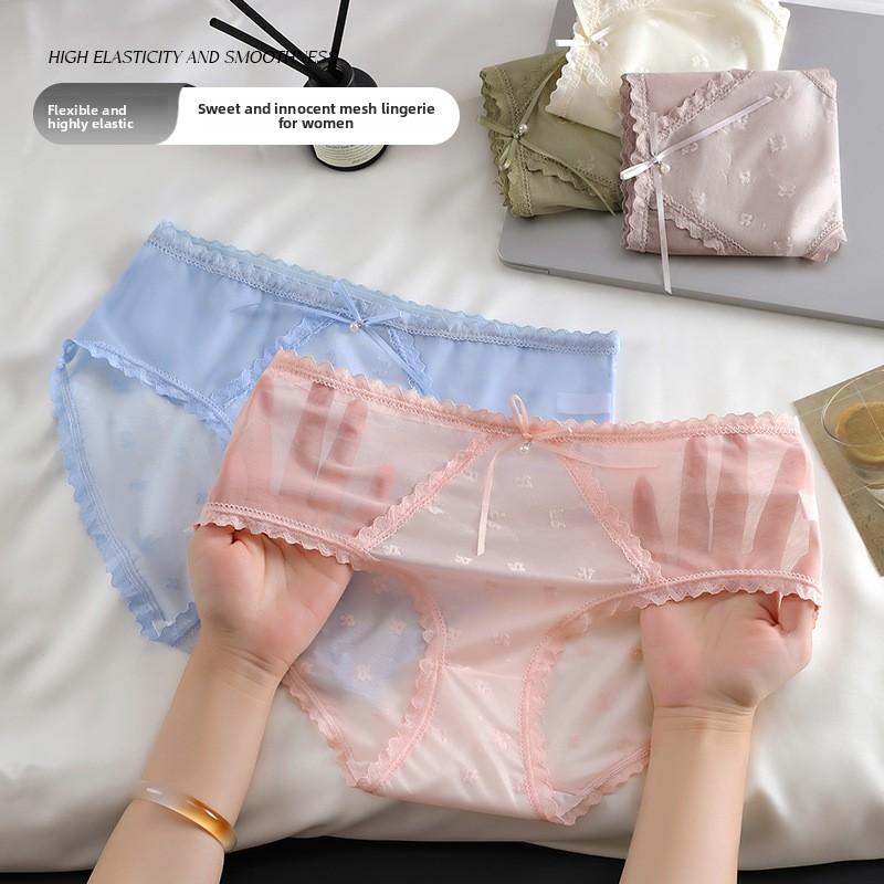 Female Spring and Summer Simple Sexy Lace Stitching Mesh 10A Grade Antibacterial Breathable Mid Waist Underwear